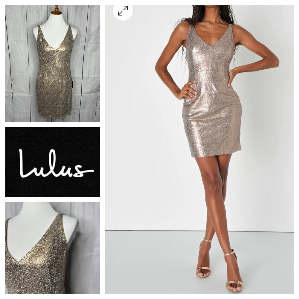 Lulu's Rose Gold Sequin VāNeck Mini Dress